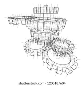 3D gears. Vector rendering of 3d. Wire-frame style. The layers of visible and invisible lines are separated