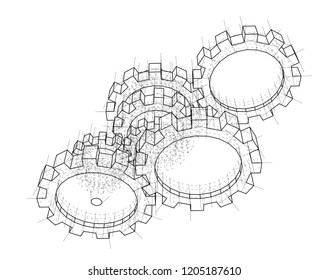 3D gears. Vector rendering of 3d. Wire-frame style. The layers of visible and invisible lines are separated