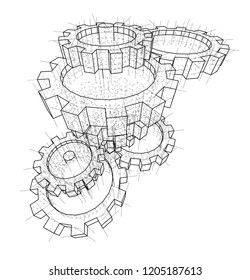 3D gears. Vector rendering of 3d. Wire-frame style. The layers of visible and invisible lines are separated