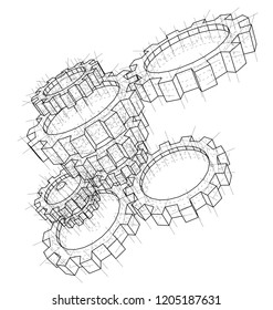 3D gears. Vector rendering of 3d. Wire-frame style. The layers of visible and invisible lines are separated