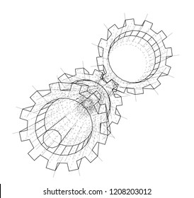 3D gears. Vector rendering of 3d. Wire-frame style. The layers of visible and invisible lines are separated
