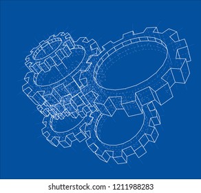 3D gears. Vector rendering of 3d. Wire-frame style. The layers of visible and invisible lines are separated