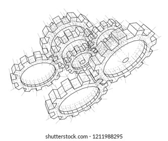 3D gears. Vector rendering of 3d. Wire-frame style. The layers of visible and invisible lines are separated