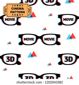 3d geek glasses seamless vector pattern, print for graphic design, fabric, fashion. Vector on white background with red and blue triangles and movie word