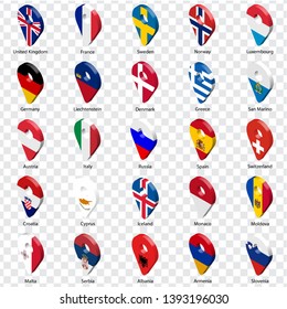 3D geolocation signs of twenty five European countries with inscriptions. Set of  twenty five 3d geolocation icons on transparent background. Flags of European countries in the form of location signs