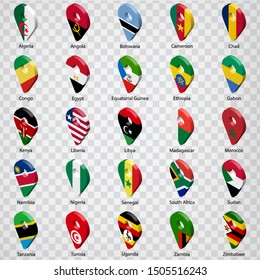 3D geolocation signs of twenty five  African countries with inscriptions. Set of  twenty five 3d geolocation icons on transparent background. Flags of Africa countries in the form of geolocation signs