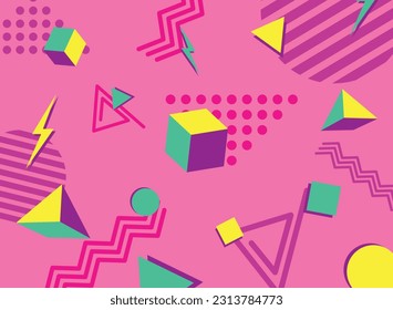 3D geometic shape in memphis retro style. Colorful abstract geometric background for poster, cover, print.