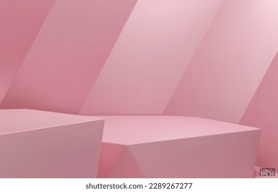 Podio geométrico 3D de 2 pasos. Cubo hexágono rosado, podio cuadrado de fondo rosado. Escaparate de escena conceptual, producto, venta de promoción, banner, presentación, cosmética. Ilustración vectorial 3D.