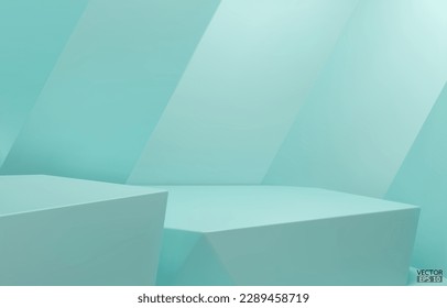 3D geometric 2 step podium. Blue Ice hexagon cube, Square podium in blue background. Concept scene stage showcase, product, promotion sale, banner, presentation, cosmetic. 3D vector illustration.