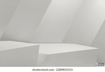 3D geometric 2 step podium. White hexagon cube, Square podium in white background. Concept scene stage showcase, product, promotion sale, banner, presentation, cosmetic. 3D vector illustration.