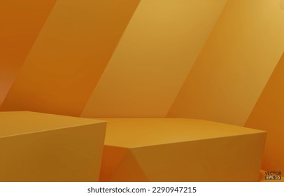 3D geometric 2 step podium. Yellow hexagon cube, Square podium in yellow background. Concept scene stage showcase, product, promotion sale, banner, presentation, cosmetic. 3D vector illustration.