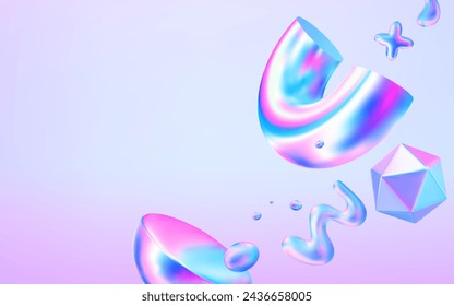 3d geometric and abstract holographic shape on gradient background. Iridescent mesh figure, fluid elements, futuristic pattern. Trendy hologram vector illustration