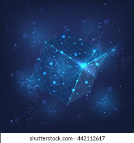 3D Geometric abstract space cube, HUD vector background interface. Flashes of light high technology futuristic concept