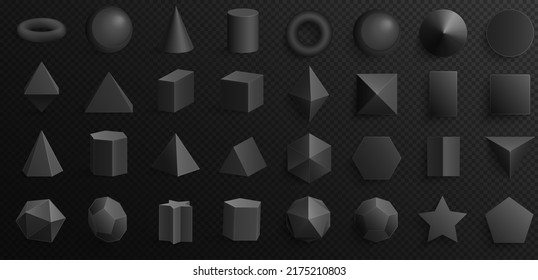 3D geometrische schwarze Figuren und Objekte setzen Vektorgrafik. Realistische Geometrie Grundform für Bildung, Kegel und Prisma, Zylinder und Tetrahedron, Kugel einzeln auf transparentem Hintergrund