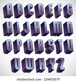 3d geometric bold font, monochrome dimensional alphabet, heavy letters for design.