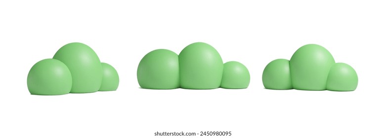 3d geometric bushes set. Stylized green foliage. Simple shapes. Vector illustration. Natural garden and environment elements for games and landscapes.