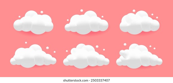 3D Geometric Cloud Shapes on a Soft Pink Background. Fluffy Cartoon Cloud Icons and Soft Round Vector Illustration