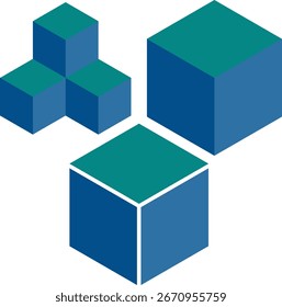 3D geometric cubes in different sizes. The cubes are colored with shades of teal  and blue, isometric cubes