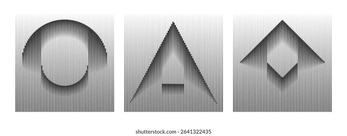 3D geometric cutout shapes with vertical line shadow effect. Vector illustration of circle, triangle, and diamond.