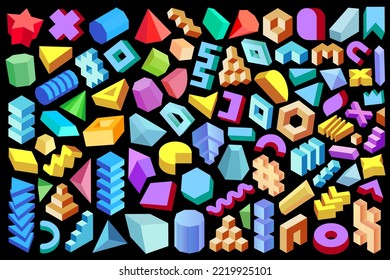 3D geometric design elements collection. Set of abstract geometric shapes, forms and figures isolated on black background.