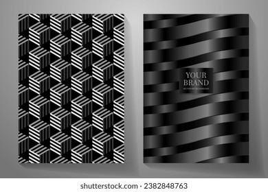 3d geometric elegant cover design set. Luxury vector background collection with white 3d shapes and black for cover design, invitation, poster, flyer, luxe invite, prestigious voucher, menu