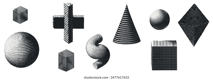 3D geometric figure set, y2k halftone print shapes, brutal retro futuristic design element. Minimal grunge objects collage, cross, circle, arrow, cone, cylinder. 3D figure creative icon kit 