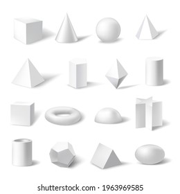 3d geometric figure shapes set. Cube, square, cone, pyramid, prism, cylinder, hexagon, star, trapezoid, torus vector illustration. Math geometry objects on white background.