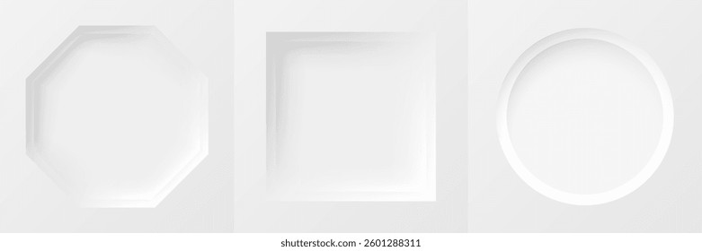 3d geometric frame set. White realistic background in neumorphism style.