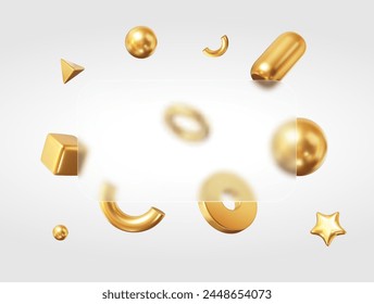 3d geometric gold shapes with glass morphism rectangle figure. Stock vector illustration.