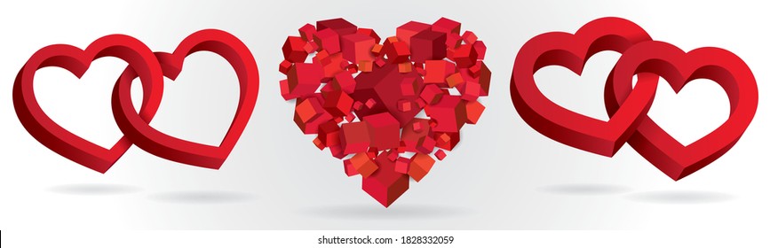 3.d corazones geométricos. Isométrica ilustración vectorial. 