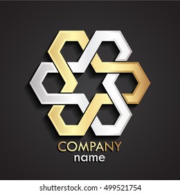 3d geometric hexagonal silver gold logo