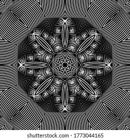 3d geometric lines seamless pattern. Greek key meanders floral ornament. Line art ornamental volume background. Stripes, lines, abstract flowers, curves. Modern luxury vector design with effects.