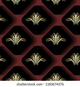 3d geometric modern vector seamless pattern. Vintage gold floral ornament. Tile surface rhombus. Black red gold abstract ornamental background. Trendy patterned ornate design. For wallpapers, fabric