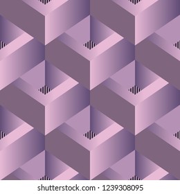 3d geometric modern vector seamless pattern. Elegant polygonal futuristic violet background. Repeat cell structure ornamental surface backdrop. 3d wallpaper. Geometry shapes, stripes, triangles