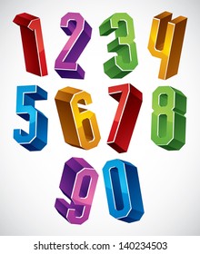 3d geometric numbers set in blue and green colors, colorful glossy numerals for advertising and web design.