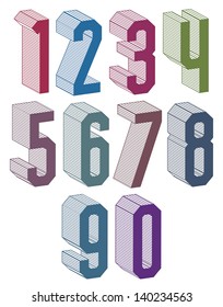 3d geometric numbers set in blue and green colors, colorful numerals for advertising and web design.