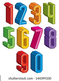 3d geometric numbers set in blue and green colors, colorful numerals for advertising and web design.