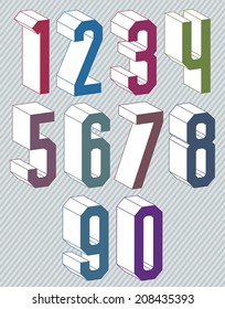 3d geometric numbers set in blue and green colors, colorful numerals for advertising and web design.