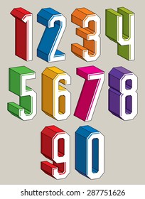 3d geometric numbers set in blue and green colors, colorful numerals for advertising and web design.