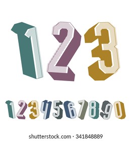 3d geometric numbers set, colorful textured numerals for advertising and web design.