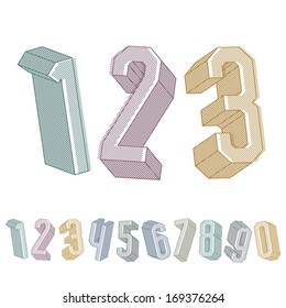 3d geometric numbers set with lines textures, colorful numerals for advertising and web design.