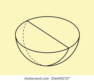 3D geometric outline shape. Volumetric geometric figure, hemisphere. Abstract pattern and ornament. Education and learning, training. Linear vector illustration isolated on yellow background