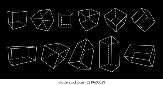 3d geometric outline shapes. Vector cubes and parallelepipeds objects