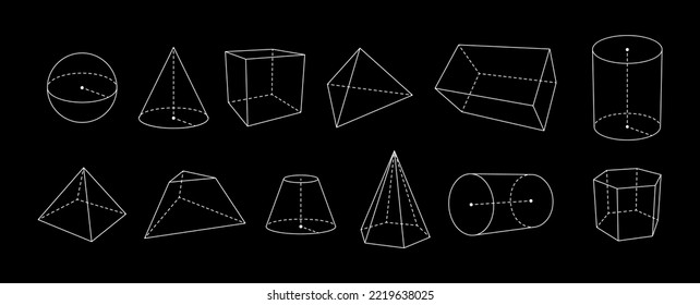 3d geometric outline shapes. Vector basic solid objects