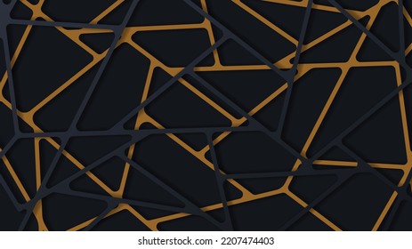 3d geometric paper cut background with dark black and gold colors. Realistic vector backdrop with cut out stripe entangled web grey and orange color. Origami technological wallpaper layered deep