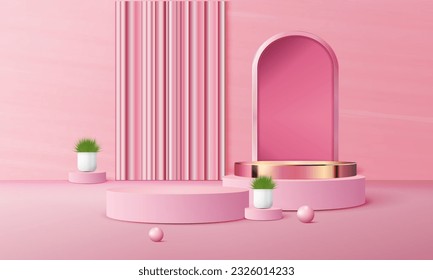 3d geometric pink and gold podium with copy space area, blank space for product display, product placement, mockup. vector template