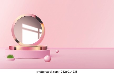 3d geometric pink and gold podium with copy space area, blank space for product display, product placement, mockup. vector template