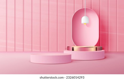 3d geometric pink and gold podium with copy space area, blank space for product display, product placement, mockup. vector template