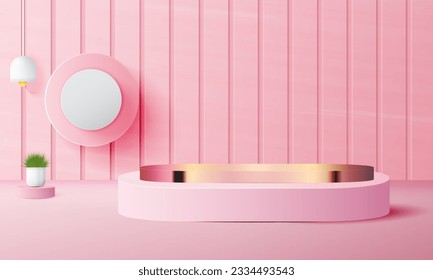 3d geometric pink and gold podium with copy space area, blank space for product display, product placement, mockup. vector template
