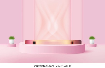 3d geometric pink and gold podium with copy space area, blank space for product display, product placement, mockup. vector template